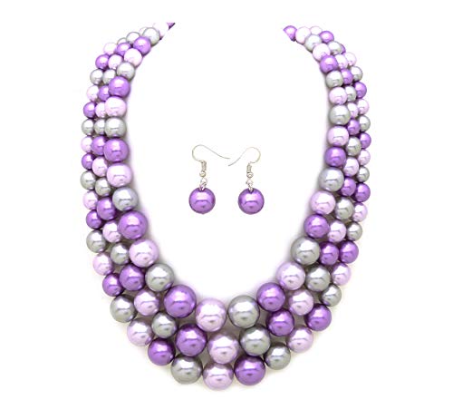 Women's Simulated Faux Three Multi-Strand Pearl Statement Necklace and Earrings Set (Lavender Mix Tone)
