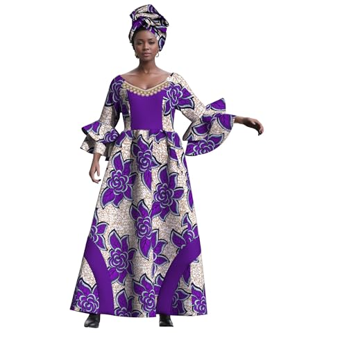 Image of iooiooi Womens African Print Party Maxi Dress Tradition Dashiki Ankara Long Dress & Headwrap