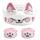 Canitor Face Wash Headband With Wrist Bands - Soft Coral Fleece Spa Makeup Headband With Cute Animal Cat Ears - Elastic Skincare Wrist Towels