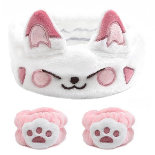 Canitor Face Wash Headband With Wrist Bands - Soft Coral Fleece Spa Makeup Headband With Cute Animal Cat Ears - Elastic Skincare Wrist Towels
