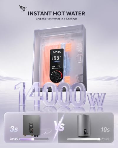 Image of APUS 14kW Tankless Water Heater Electric, 240V Instant On Demand Hot Water Heater, Up to 3.3 GPM with LED Display, Space-Saving and Energy-Saving Whole House Water Heater Design