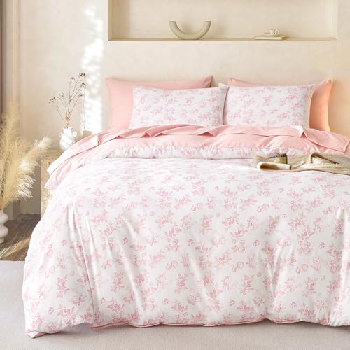 Wake In Cloud - Cottagecore Comforter Set Floral Vintage Flower Shabby Chic Coquette Aesthetic for Women Teen Girls Soft Lightweight Dorm Bedding 3 Pieces Pink Queen Size