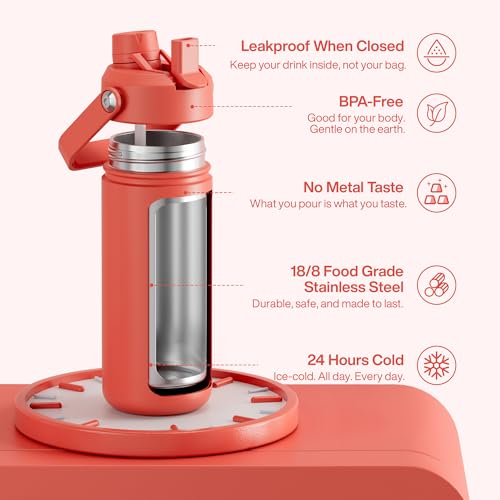Image of ENCOOL Insulated Water Bottle with Straw Stainless Steel Water Bottle, Leak-Proof, BPA-Free, Double Wall Vacuum Keeps Cold for 24 Hours for Sports, Travel, School (18 oz, Tawny Orange)