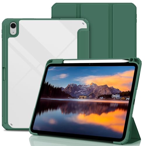 CACOE Funda para iPad de 11ª generación A16 de 11 pulgadas, iPad 10ª generación de 10,9 pulgadas, con soporte para bolígrafo, funda protectora con parte trasera de acrílico transparente, color verde