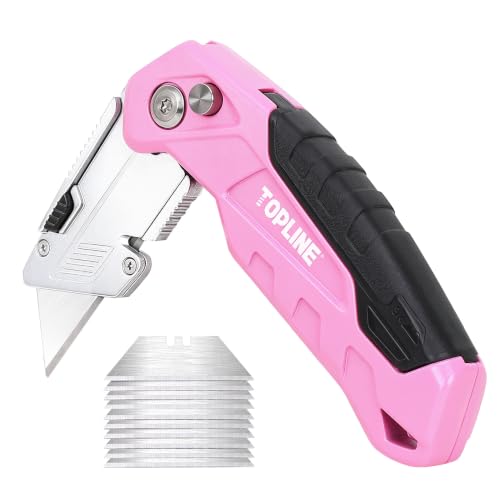 TOPLINE Folding Pink Utility Knife Pocket Folding Pink Box Cutter Blade Storage Design 18-Piece SK5 Blades and a Dispenser Included