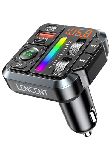 LENCENT Transmetteur FM Allume Cigare Bluetooth 5,3 avec réglage des aigus et des Basses Émetteur FM Radio appels Mains Libres, Chargeur Rapide de Voiture PD...