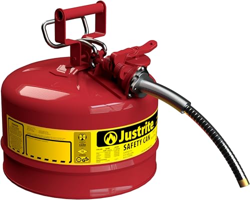Justrite 2.5 Gallon Type II Red Safety Gas Can for Gasoline with Flame Arrester, Self-Closing Lid, and 5/8