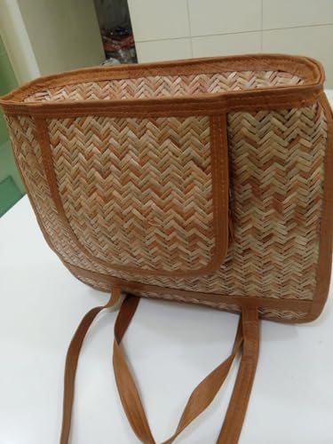 Image of Bamboo Bag Natural Fabric And Rexine Handicraft Handbag Clutch For Women Beige Color