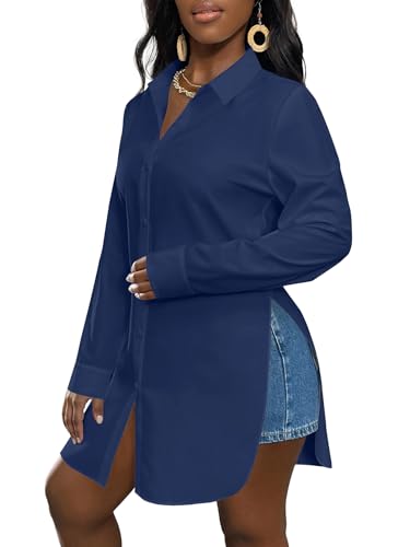 Image of LYANER Women's Collar Neck Long Sleeve Button Down Shirts Sexy Split Hem Tops Long Blouse Shirt Dress