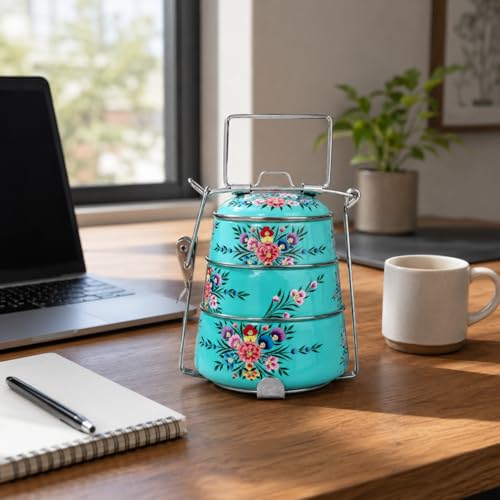 Image of iHandikart Handpainted Decorative Lunch Box Tiffin | Multiple Tier Stainless Steel Food Box | Designer Indian Print Tiffin for School | Diwali Gift, Navratri Gift (Color - Multicolor)