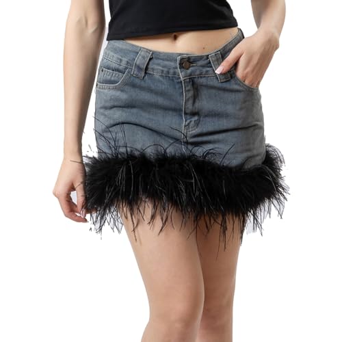 LVCOMEFF Women's Ostrich Feather Fringe Denim Skirt Midi Waist Wrap Hip Short Jean Skirt with Pocket Y2K