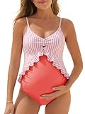 Summer Mae Maternity Swimsuit One Piece Ruffle Cutout Pregnancy Bathing Suit Lace Up Swimwear Pink Stripe X-Large