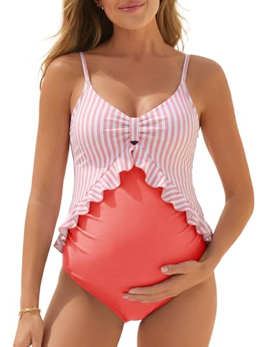 Summer Mae Maternity Swimsuit One Piece Ruffle Cutout Pregnancy Bathing Suit Lace Up Swimwear Pink Stripe X-Large