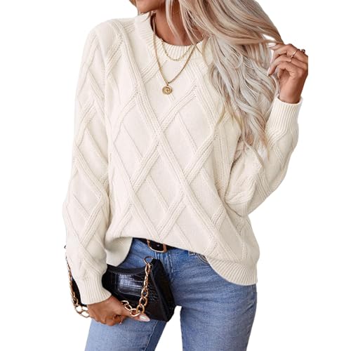 Women's Sweaters Crew Neck Pullover Cable Knit Sweaters Ribbed Casual Tops Classic Knitwear for Fall Winter