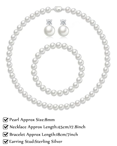 Pearl Necklaces for Women,8mm Pearl Necklace and Earring Bracelet Jewelry Set for Women Men Wedding Birthday Valentine Christmas Day Gifts3