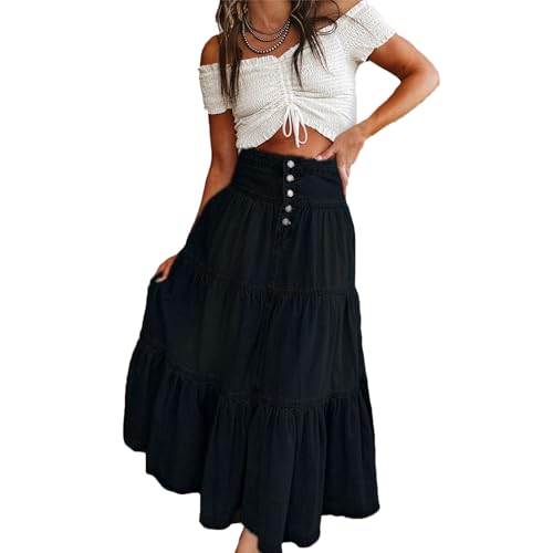 lisenraIn High Waist Long Denim Skirts for Women A-Line Tiered Jean Maxi Skirt Boho Swing Button Down Ruffle Long Skirt