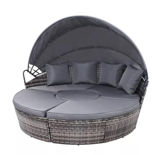 EVRE Seychelles Modular 5 Piece Outdoor Rattan Sectional Day Bed Chair Set with Retractable Canopy and Cushions Round Conversational Wicker Coffee Table (Grey)