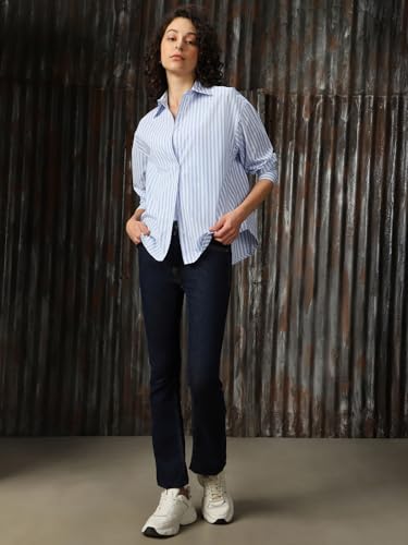 Image of High Star Women Cotton Striped Oversized Fit Collar Full Sleeves Shirts