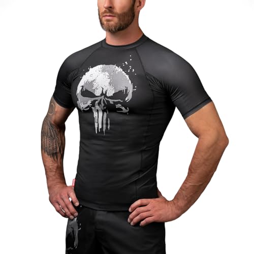 Hayabusa Men's Marvel Hero Elite Short Sleeve BJJ Rash Guard - The Punisher, Large Black