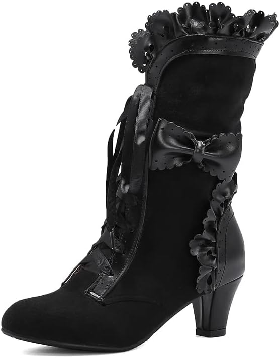 MFairy Women Sweet Bow Boots - Mid-Calf Thick Heel