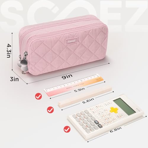 Image of Sooez Large Pencil Case Pouch, Extra Big Pencil Bag with 8 Compartments, Pen Bag Wide Opening, Soft Quilted Pencil Pouch Organizer with Zipper, Portable Pencil Case for Teen Girls, Blush