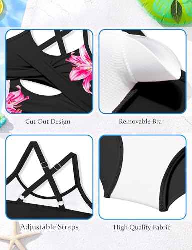 Image of Girl Swimsuit One Piece Cutout Ruched Bathing Suit for Girls Color Block Adjustable Straps Pad Swimwear 9-18y