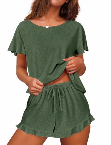 Image of Ekouaer Women's Pajama Set Ruffle Sleeves Top and Short | 2 Piece Ruffle Hem Sleeves Top and Shorts Pjs Set, Soft Short Sleepwear Set, Elastic Waistband Design