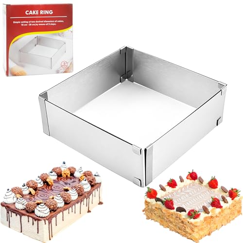 CTCEHL Moldes Reposteria Ajustable,Anillo Pastel Cuadrado Hornear,Molde Pastel Acero Inoxidable,Molde Rectangular Reposteria,para tartas,tartas,pizzas y decoración (Máximo: 28 * 28cm)