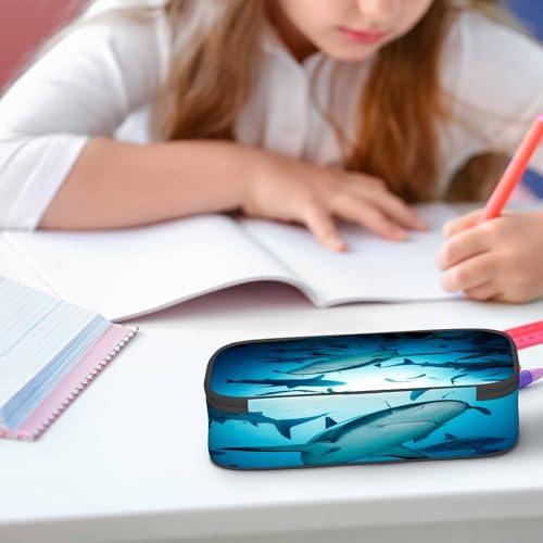 Image of Sharks Pencil Case Organizer Ocean Sea Fish Light Blue Stationery Box Makeup Box School Supply for Boy Girl Men Women
