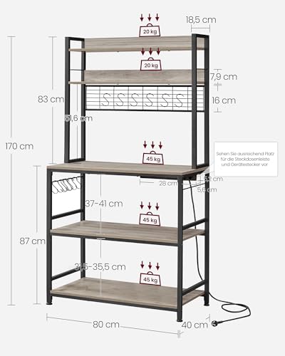 VASAGLE Küchenregal, Standregal mit Steckdosen, Mikrowellen-Regal, mit Gitterplatte, 14 Haken, 40 x 80 x 170 cm, Greige-schwarz KKS025B02EU