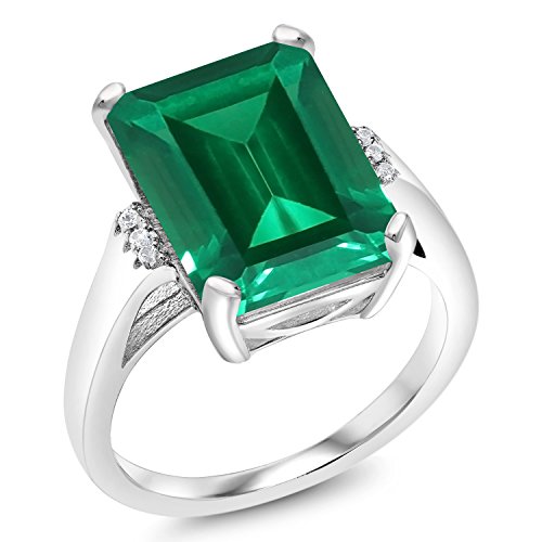 Gem Stone King 6.57 Cttw Green Simulated Emerald Engagement Ring For Women | 925 Sterling Silver | Emerald Cut 14X10MM | Available In Size 5, 6, 7, 8, 93