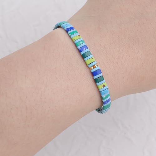 Sonateomber Colorful Tila Flat Beads Stretch Bracelets for Women, Trendy Unique Handmade Stackable Blue Green Mixed Colorful Square Beaded Link Bracelet Summer Jewelry Gift2