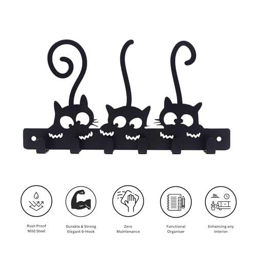 Image of Pet Lover's Combo of Wall Key Holder - Kitty & Pups Design - Premium Matte Black Finish - 6 Hook Key Organizer - Stylish Key Storage - Elegant Wall Mounted Key Rack for Home & Office | Cat Design, Includes Mounting Screws, For Home Use, 6 Hook Hanger, Metal Construction