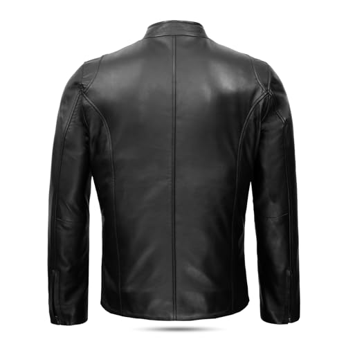 Leatherick Men's Genuine Lambskin Leather Motorcycle Jacket - Full-Grain Black Biker Jacket with Zipper and Multiple Pockets3