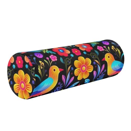 Wassud Mexican Art Design Round Cervical Neck Roll Pillow,Memory Foam Bolster Removable Pillow for Sleeping, Support for Neck, Back, Legs,Length 17
