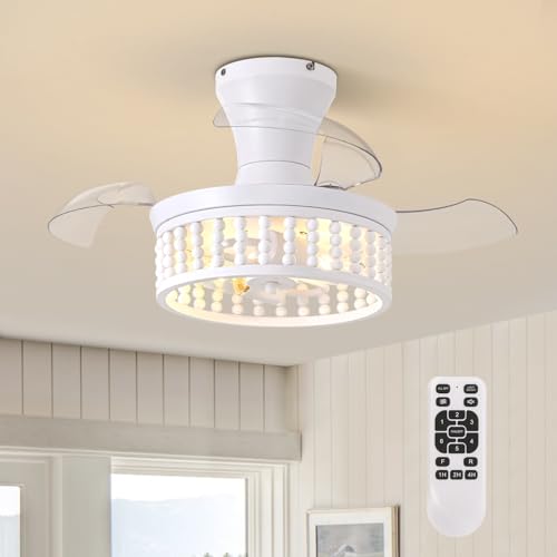 SPACORA 28'' Retractable Ceiling Fan with Lights,White Wood Beaded Caged