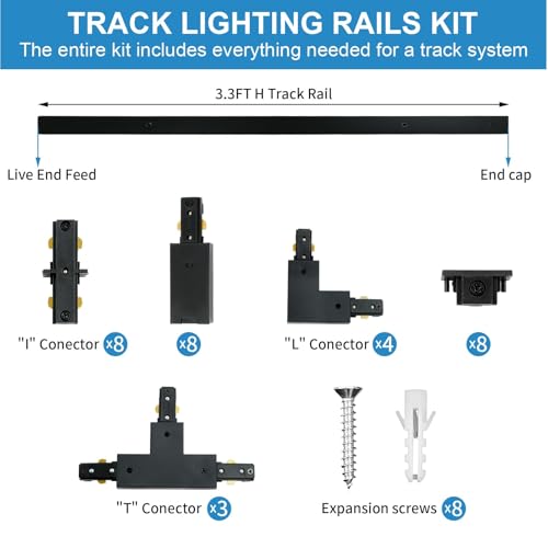 26 FT H Track Lighting Rails Kit, 3 Wire Black Light Tracks with Floating Canopy Connector, Multi Functional H Type Rails, Ideal for Single Circuit H Style Track System
