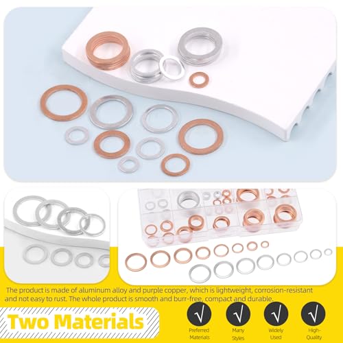Image of 160Pcs Oil Drain Plug Gasket Set, Metric Aluminum & Copper Oil Drain Plug Washers Crush Washers Seals Flat Washers Compatible with Toyota /Audi /BMW (M6 M8 M10 M12 M14 M16 M18 M20)