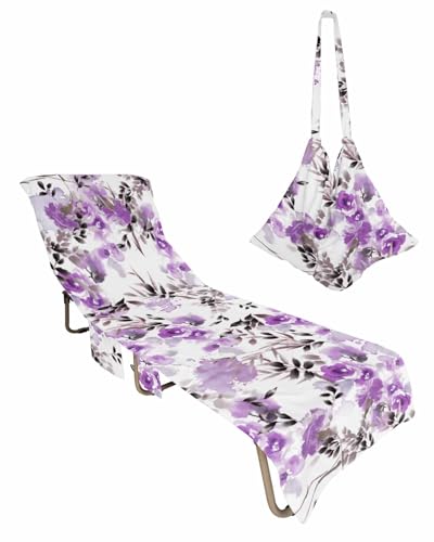 Purple Botanical Beach Lounge Chair Towel Cover, Soft Chaise Lounge Towel with Side Pockets Patio Pool Chairs Cover for Beach/Pool Sunbathing 29x85 Watercolor Spring Summer Floral Elegant