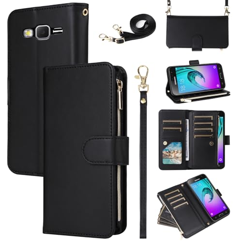Furill Wallet Case for Samsung Galaxy J3 2016/J 3 V/J36V/Sky/Amp Prime Wrist Strap Crossbody Shoulder Strap Zipper Card Holder Slots Protector Phone Cover Sol J3V JV3 J36 6 J320V J320A Girls Black