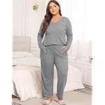 Women's Plus Size 2 Piece Pajama Lounge Sets Knit Outfits Long Sleeve V Neck Tops Wide Leg Pants with Pockets - Image 4