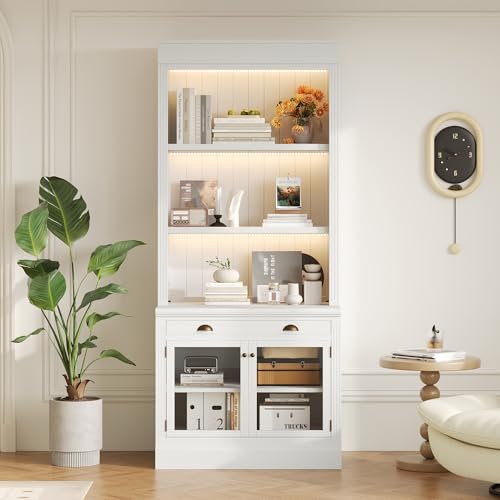 Image of 83.4 inch White Tall Bookshelf with 3-Layers LED Lighting, Modern Bookcase with 2 Glass Doors and 1 Drawer,Storage Bookcase with Open Shelves for Living Room,Home Office (White+Glasses)