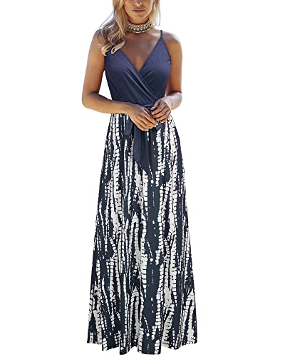Image of OUGES Womens Summer Maxi Dress V Neck Floral Adjustable Spaghetti Strap Beach Dresses with Pockets