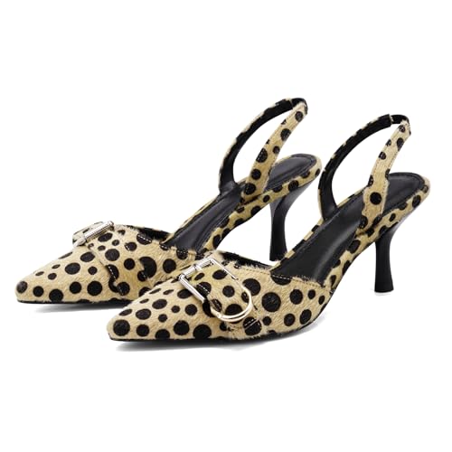 QIV Leopard Kitten Heels Pointed Toe Slingback Heels for Women Closed Toe Pumps with Buckle