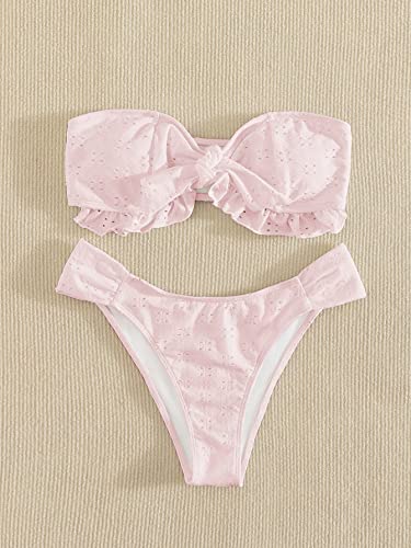 WDIRARA Women's Ruffle Knot Front Bandeau Bikini Set 2 Piece Strapless Swimsuit4