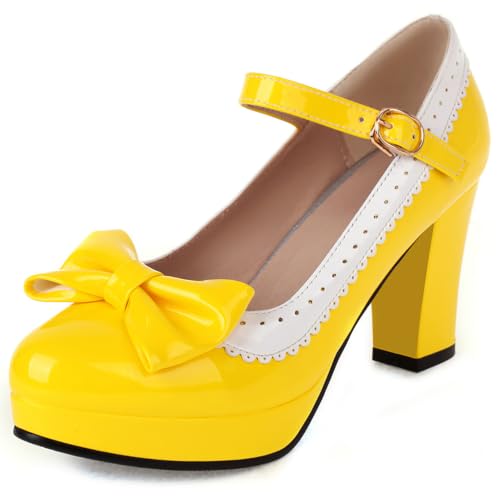 Image of FOREADA Lolita Bow Platform High Heel Women Rockabilly Mary Jane Dress Pump | Boasts soft kawaii retro vintage lolita tea party aesthetic, with block heel ,bow, round toe versatile style for dress wear