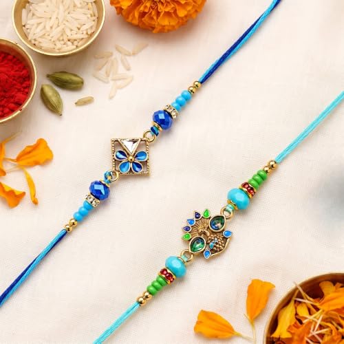 Image of I Jewels Traditional Designer Pack of 2 Rakhis with Decorative Crystal Work, Beads and Pearl Style Accents for Men Boys Brother Roli Chawal & Raksha Bandhan Card