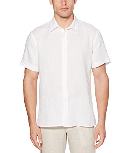 Perry Ellis Men's Short Sleeve Solid Linen Cotton Button-Up Shirt, bright white, Large