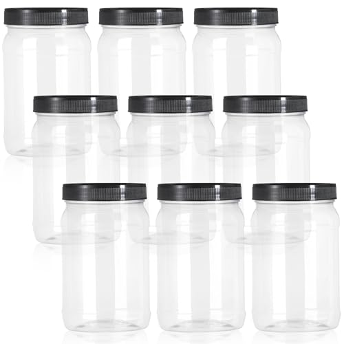 Fasmov 9 Pack 32 Oz Plastic Jars with Black Lids, Wide Mouth Clear Empty Plastic Storage Containers for Crafts, Dry Food, Peanut Butter, Honey and Jam Storage