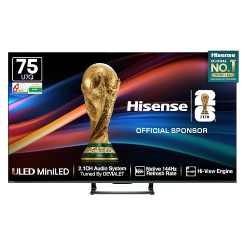 Hisense 189 cm (75 Inches) 4K QLED Mini-LED Smart TV | 900 NITS Peak Brightness | 144Hz Game Mode | Dolby Vision IQ, Dolby Atmos | 2.1 CH 40W Speakers (Built-in Subwoofer) | VIDAA OS | 75U7Q (Black)